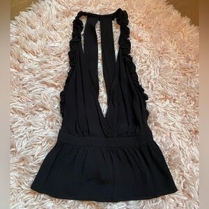 Black Halter Ruffle Top Open Back Sleeveless low cut Small